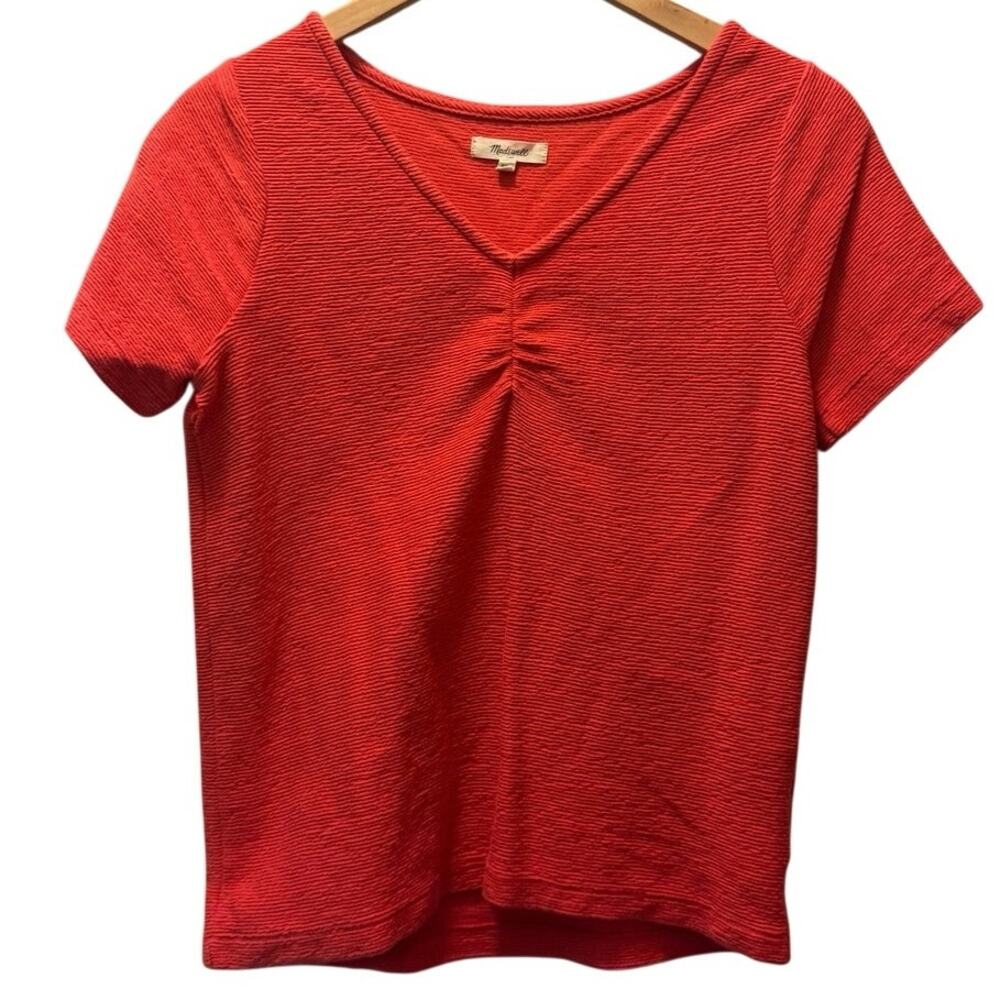 Madewell Womens Bright Red Ruched-Front V-Neck Short Sleeve Tee Shirt Size XXS